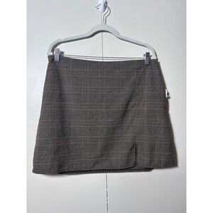 Old Navy Brown Glen Plaid‎ Mini Skirt L Front Slit Academic Career Grunge Preppy
